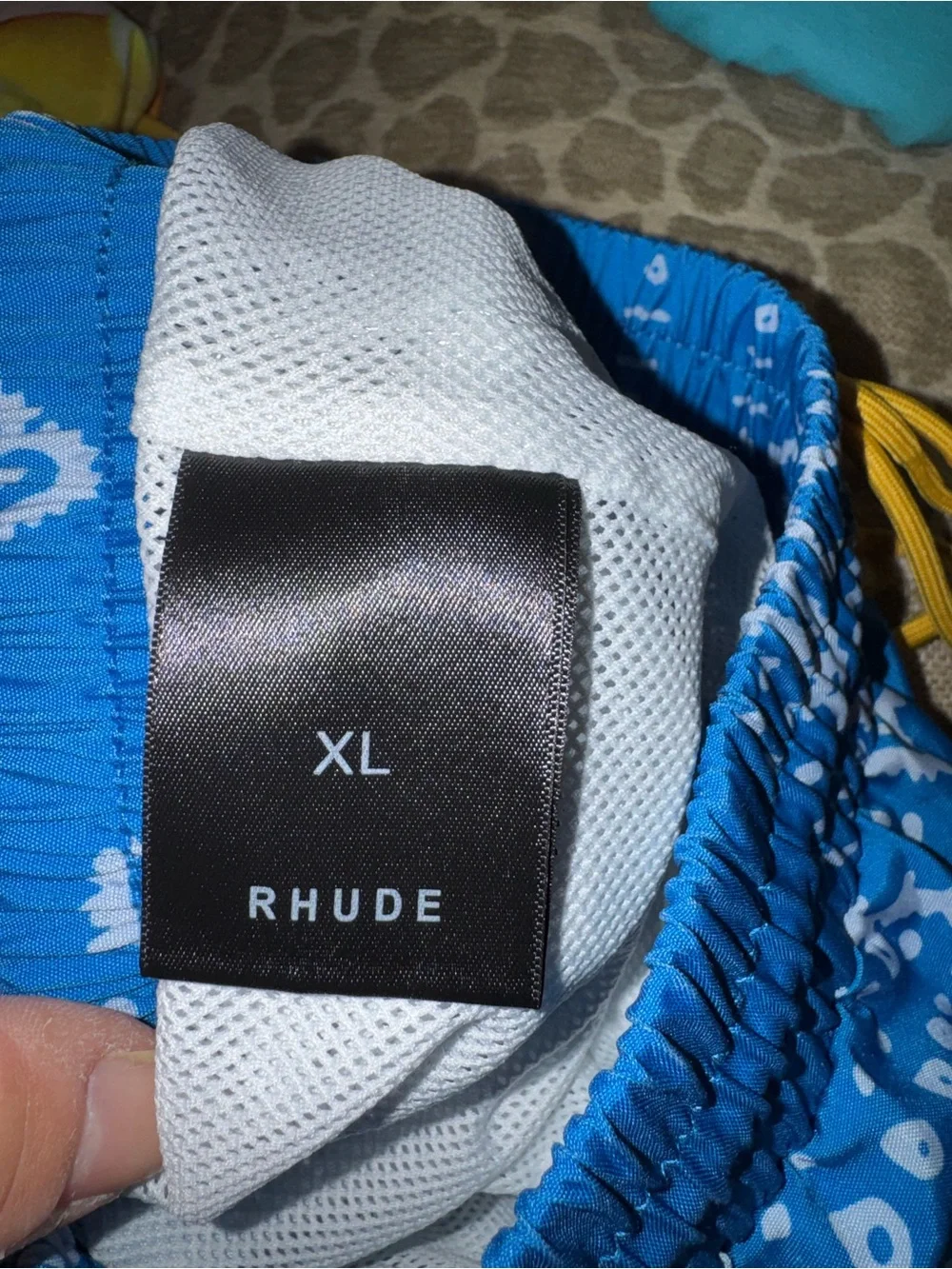 Rhude Blue Bandana-Print Swim Trunks with Yellow Drawstring